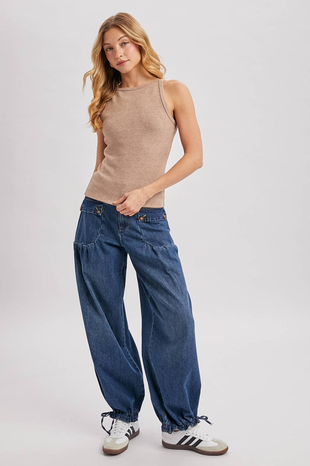 DENIM ANKLE DRAWSTRING BALLOON JEANS: DK.WASH / S