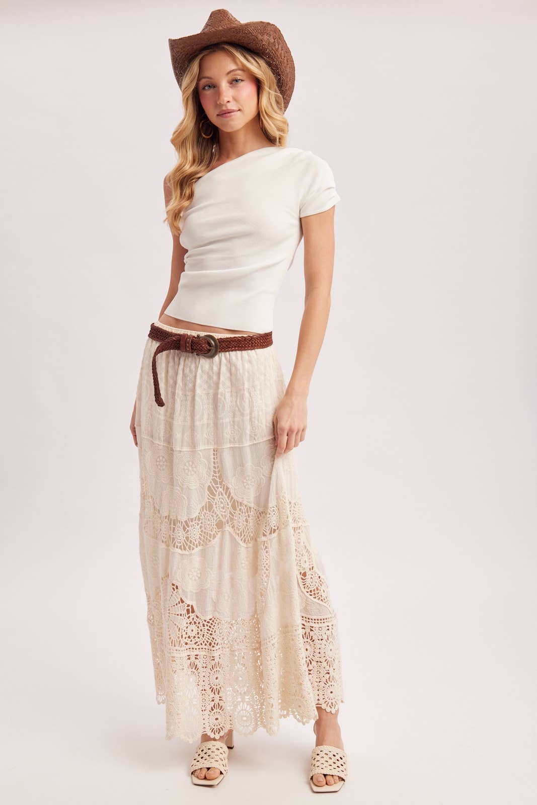 BOHO SHEER LACE MAXI SKIRT WITH LINING: NATURAL / L