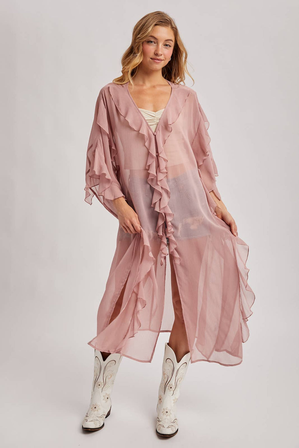 SHEER RUFFLED OPEN FRONT KIMONO COVER-UP DRESS - EASTER DAY: DUSTY PINK / One Size