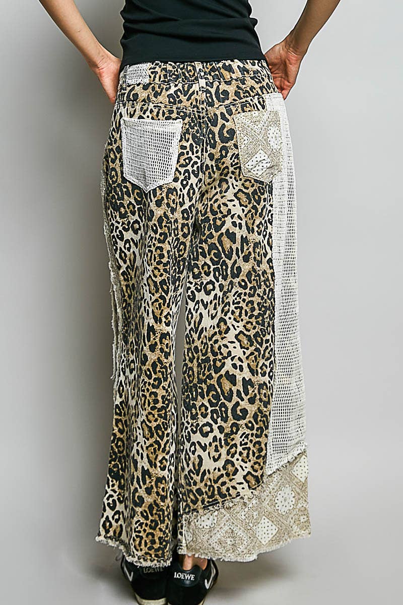 Stud Detail Woven Denim Pants: SAND LEOPARD / S