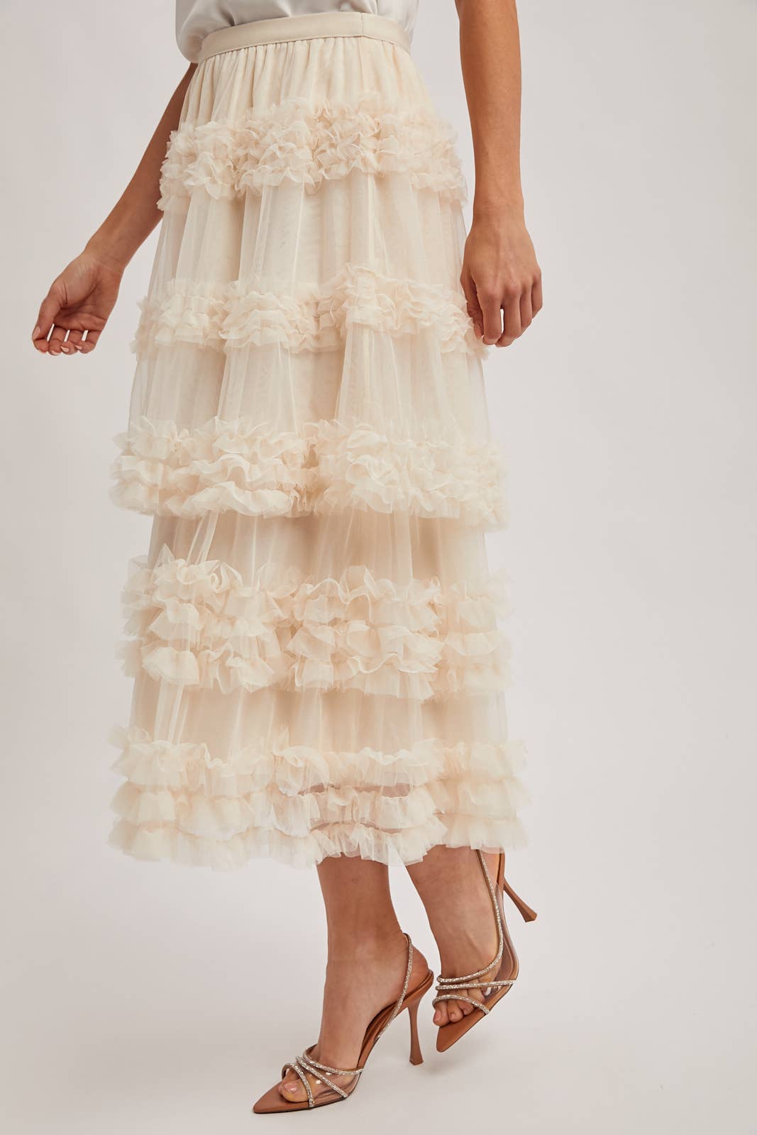 ROMANTIC RUFFLE TIERED TULLE MIDI SKIRT: PLUM / S