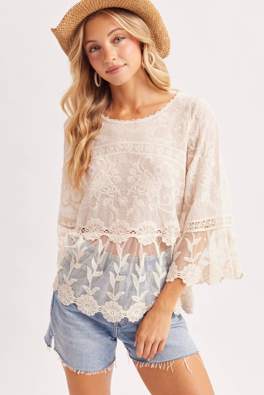 BOHO BELL SLEEVED PEPLUM CROCHET TOP: NATURAL