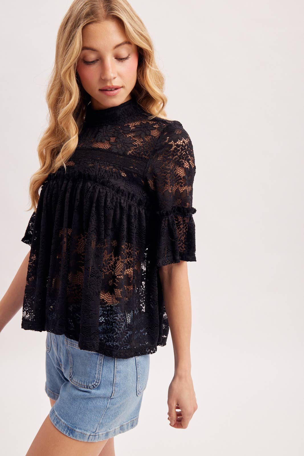 MOCK NECK BABY DOLL LACE TOP WITH NO LINING - EASTER DAY: IVORY / S