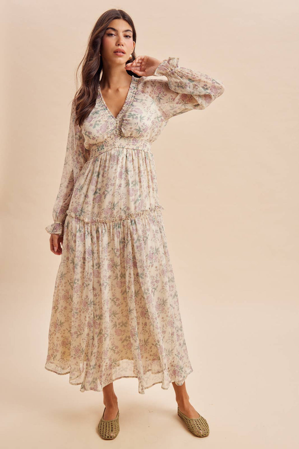 SMOCKED FLORAL MAXI DRESS