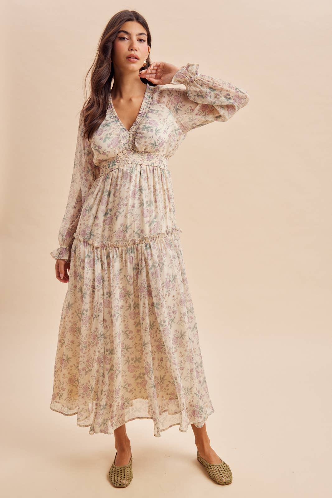 SMOCKED FLORAL MAXI DRESS