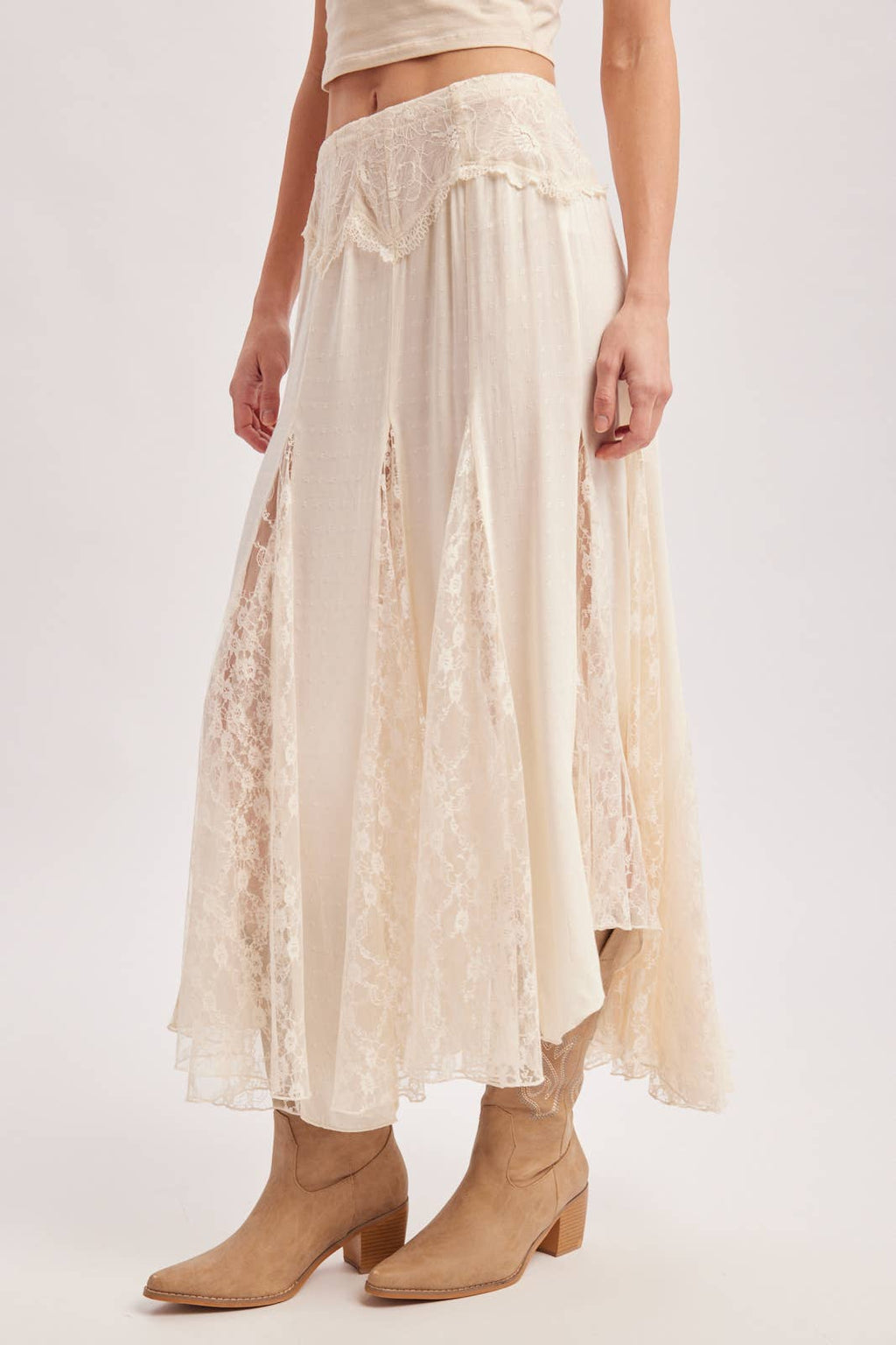 BOHO FLOWY LACE MAXI SKIRT WITH NO LINING - EASTER DAY: ECRU / L