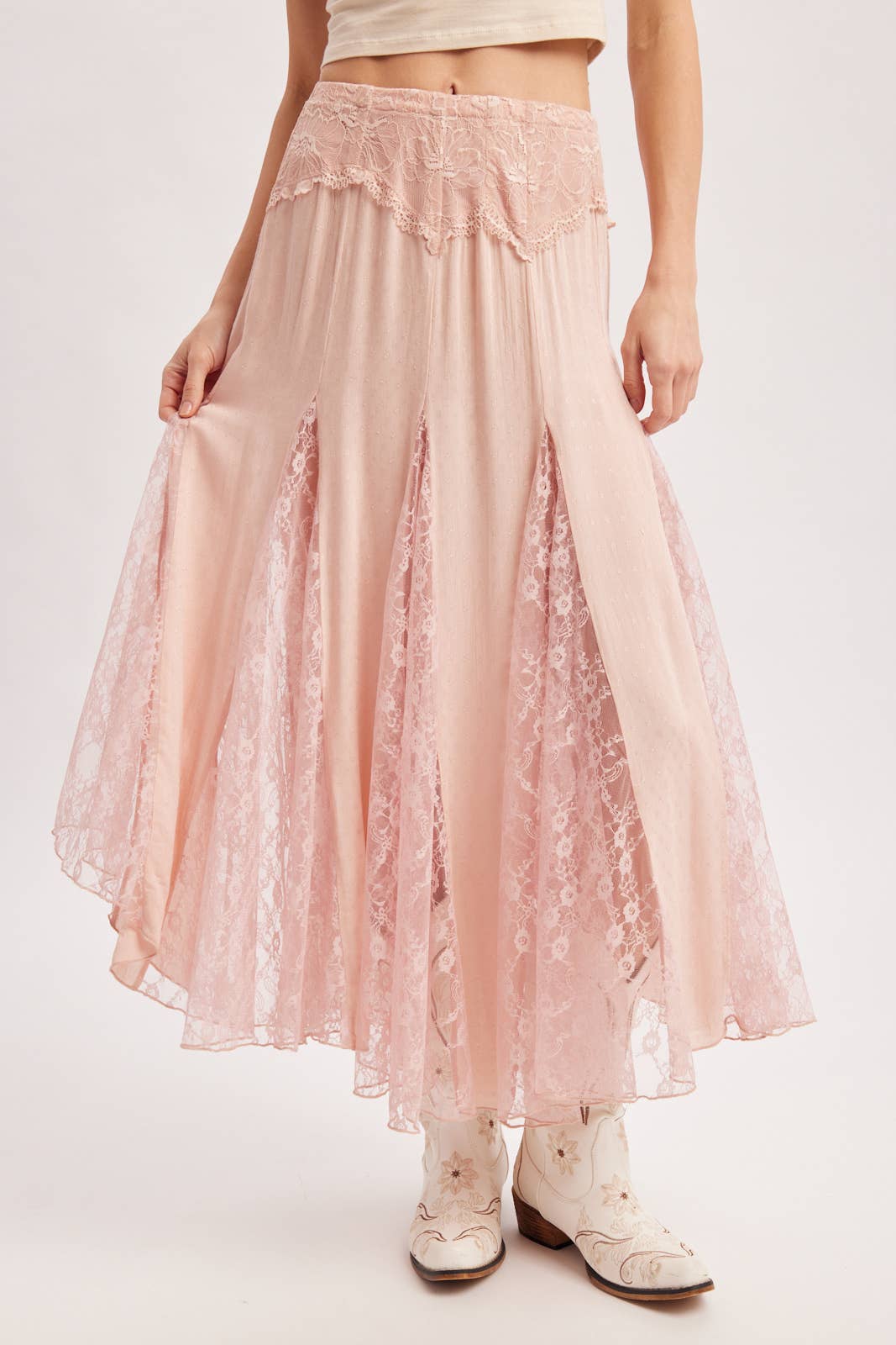 BOHO FLOWY LACE MAXI SKIRT WITH NO LINING - EASTER DAY: ECRU / L