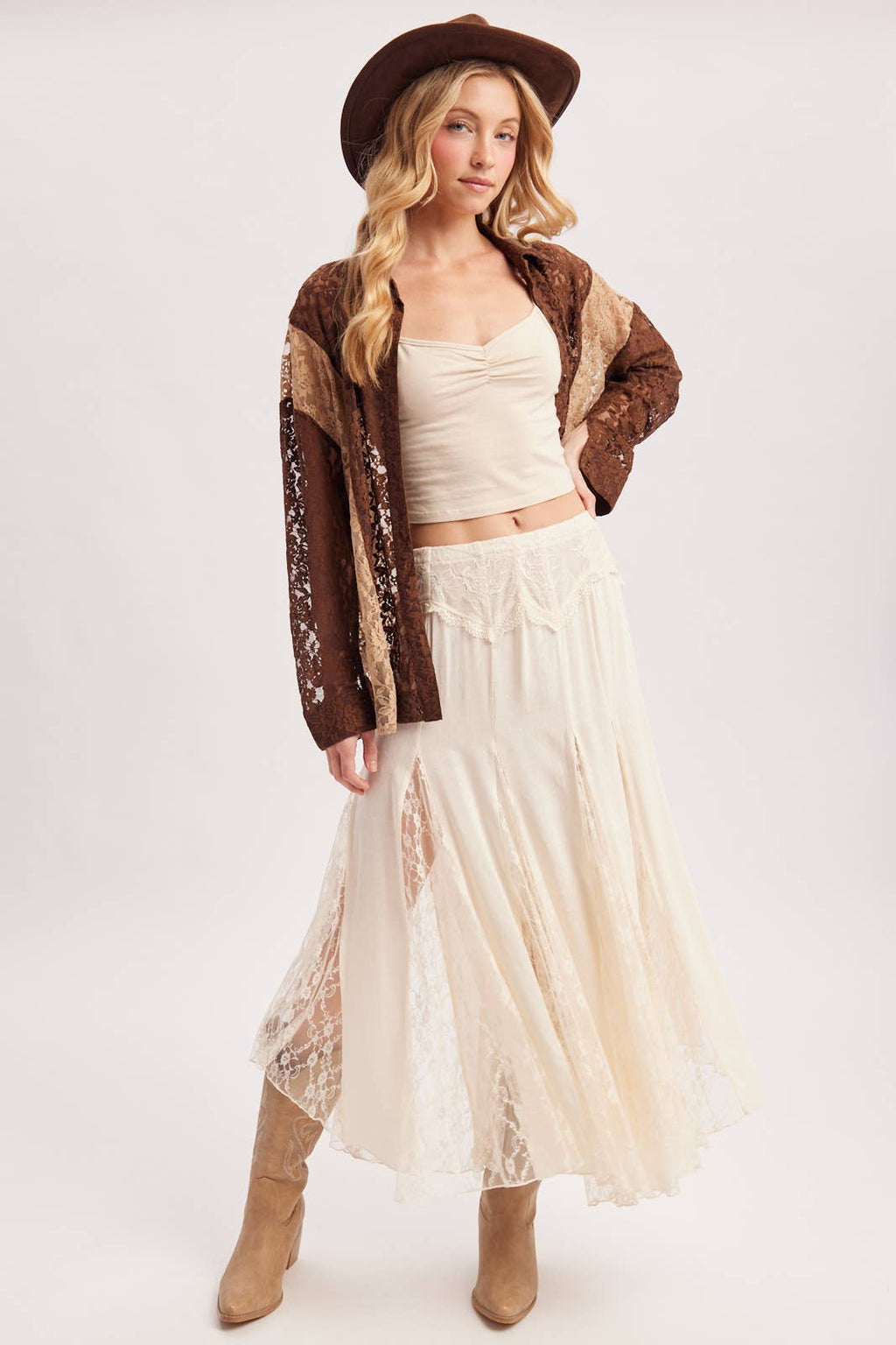 BOHO FLOWY LACE MAXI SKIRT WITH NO LINING - EASTER DAY: ECRU / L