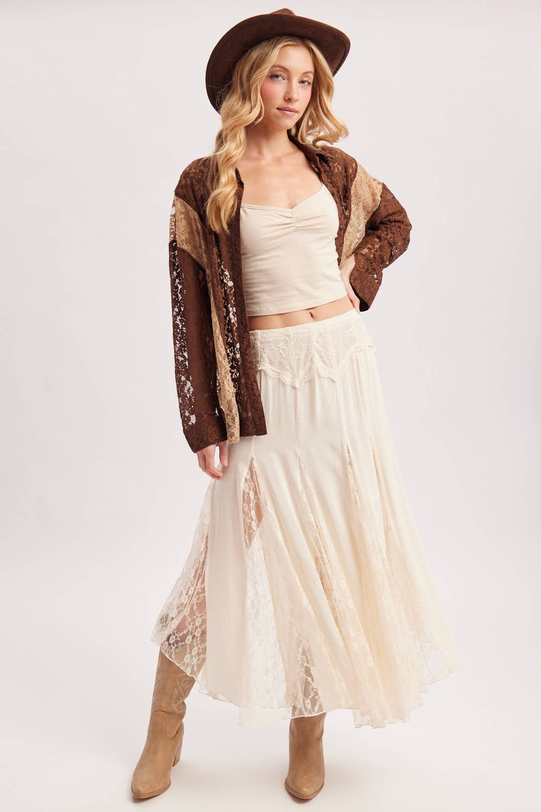 BOHO FLOWY LACE MAXI SKIRT WITH NO LINING - EASTER DAY: ECRU / S
