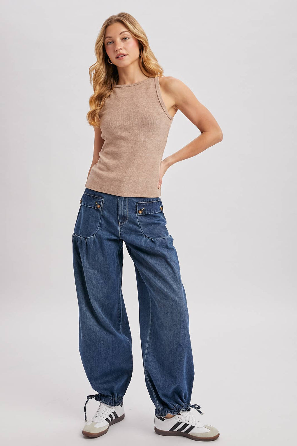 DENIM ANKLE DRAWSTRING BALLOON JEANS: DK.WASH / S
