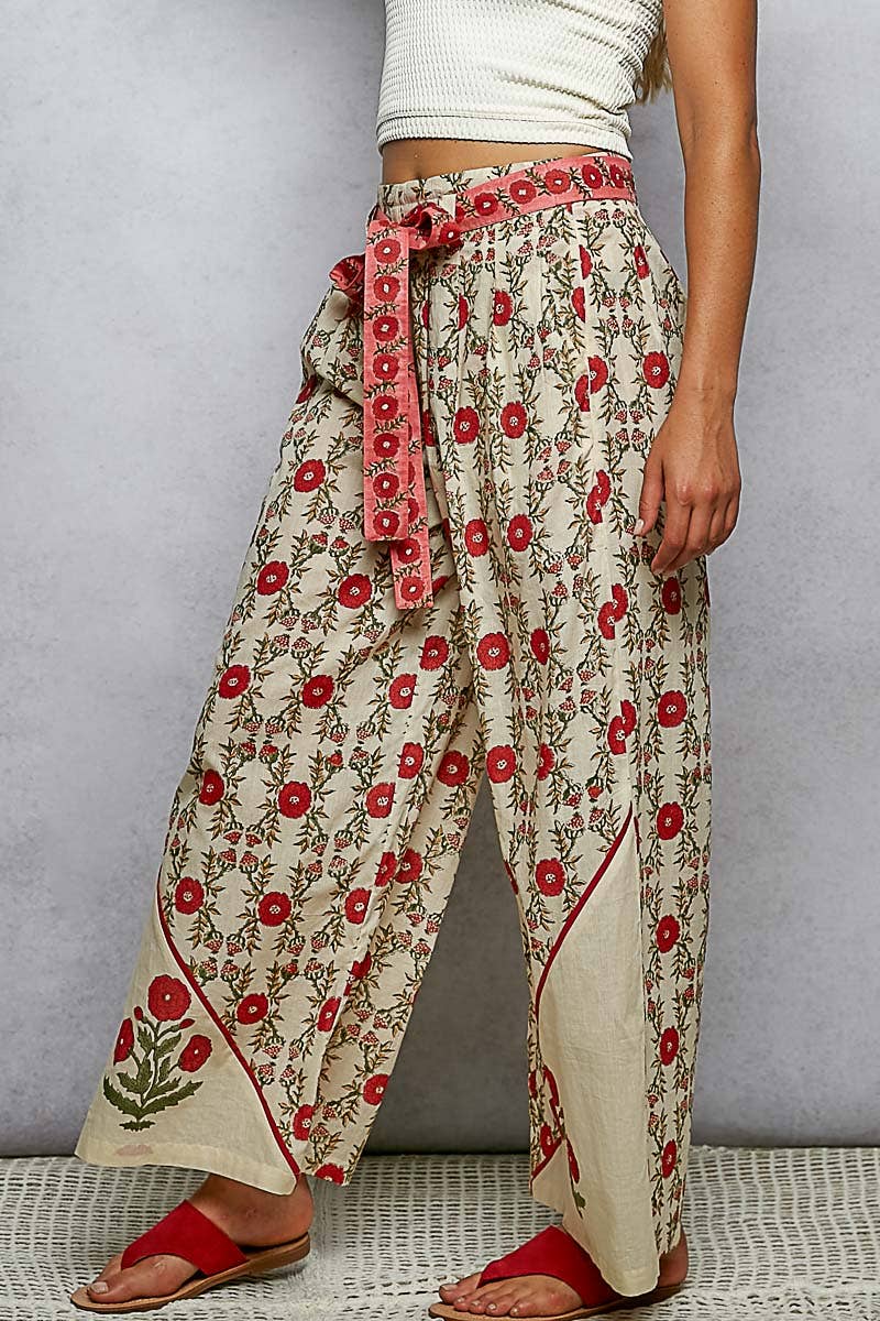 Waist Belt Floral Pattern Straight Fit Pants: CREAM MULTI / S
