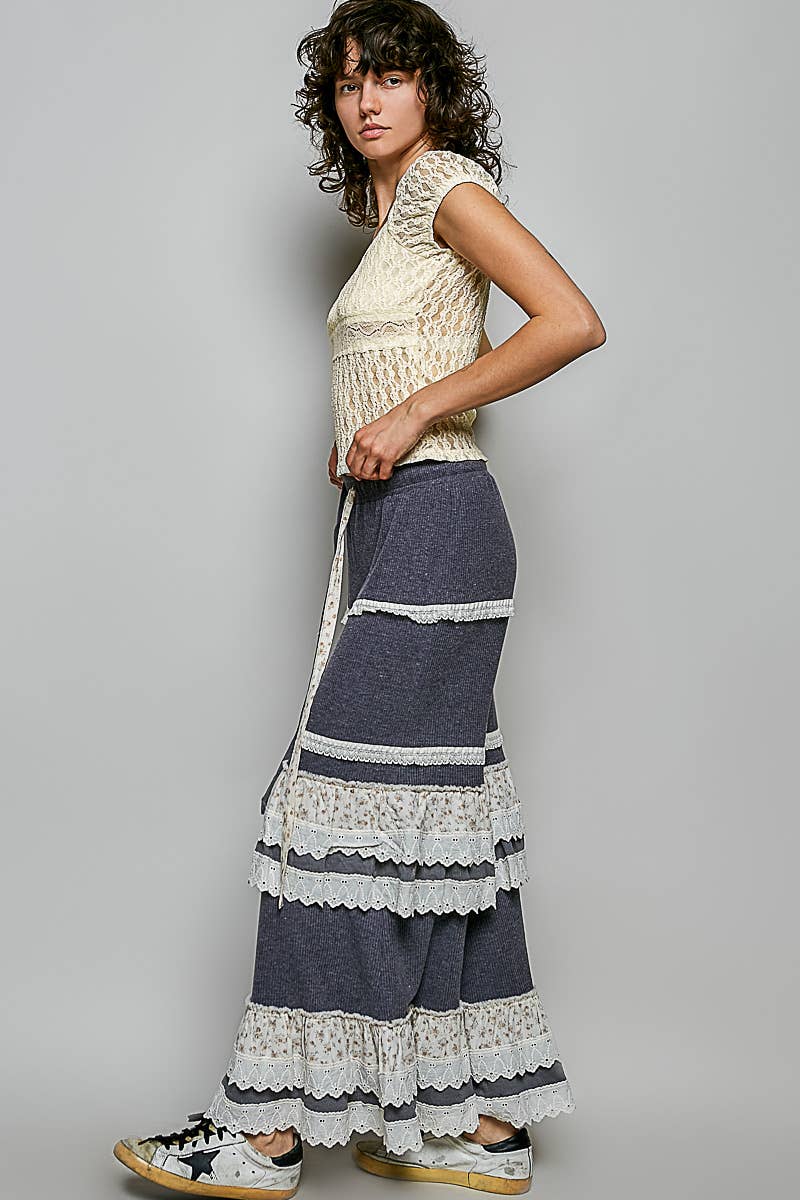 Floral Contrast Eyelet Ruffle Lace Trim Straight Knit Pants: BLUSH