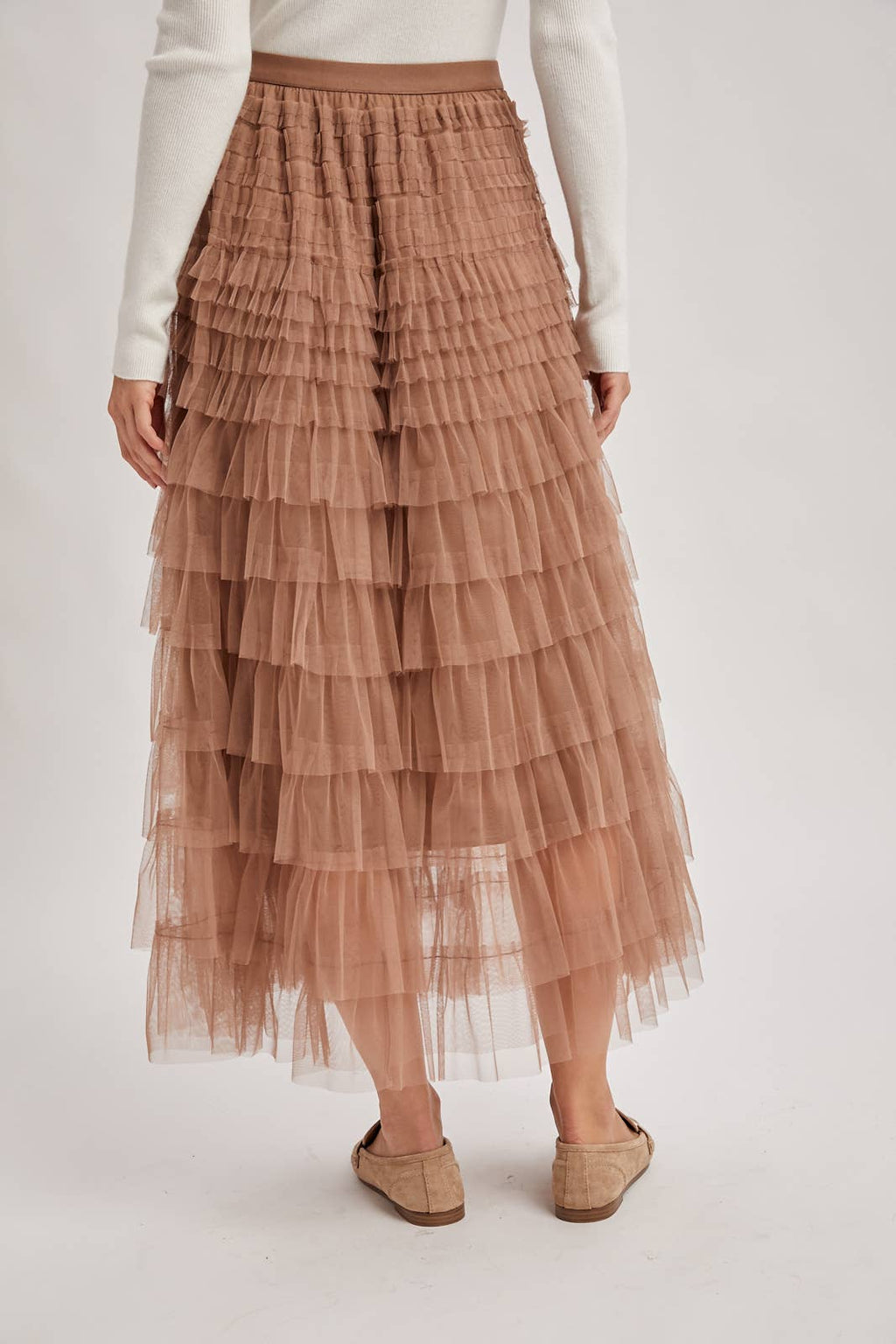 RUFFLED TULLE MIDI SKIRT: MAUVE / M