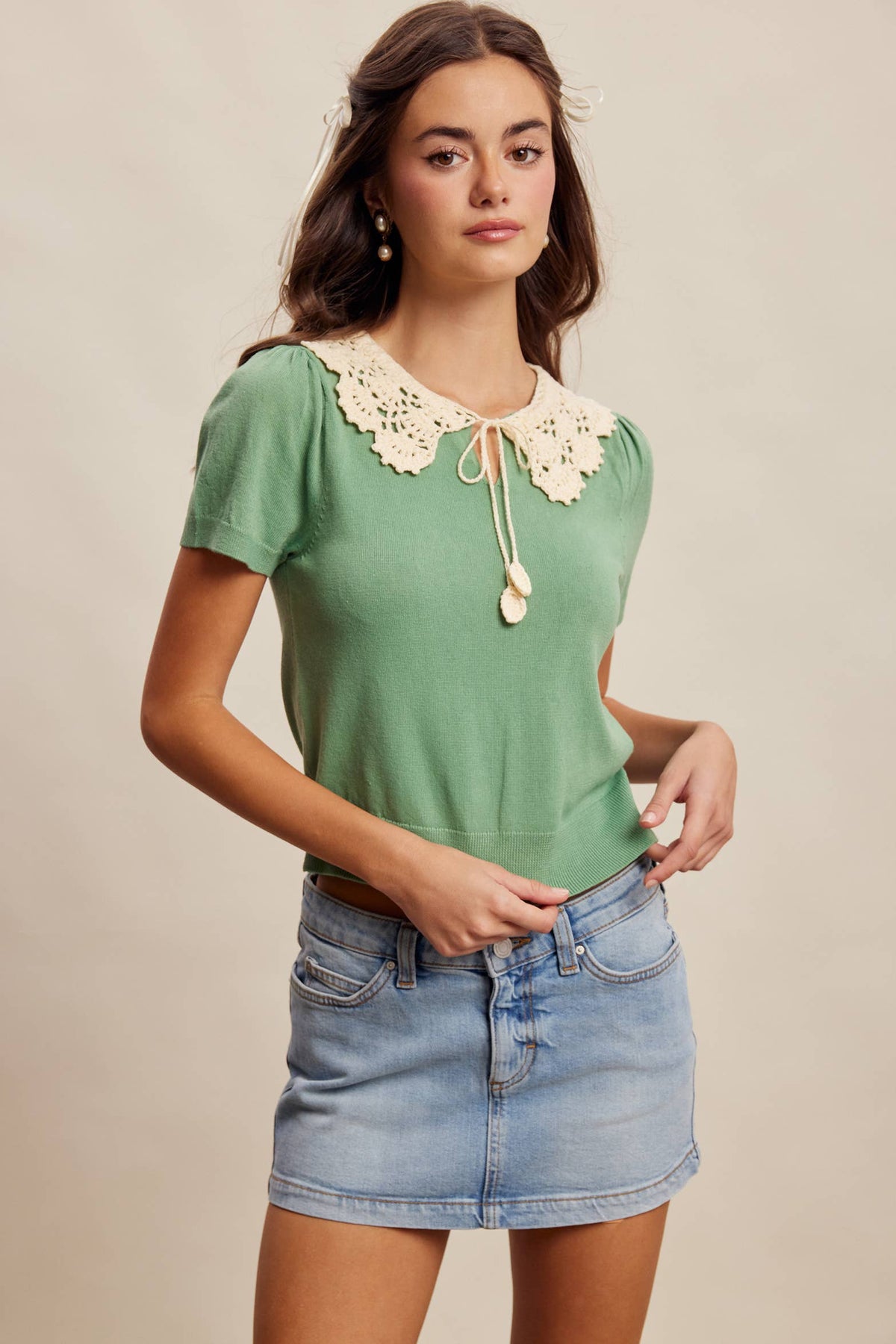 Crochet Collar Short Sleeve Knit Top LSW1048