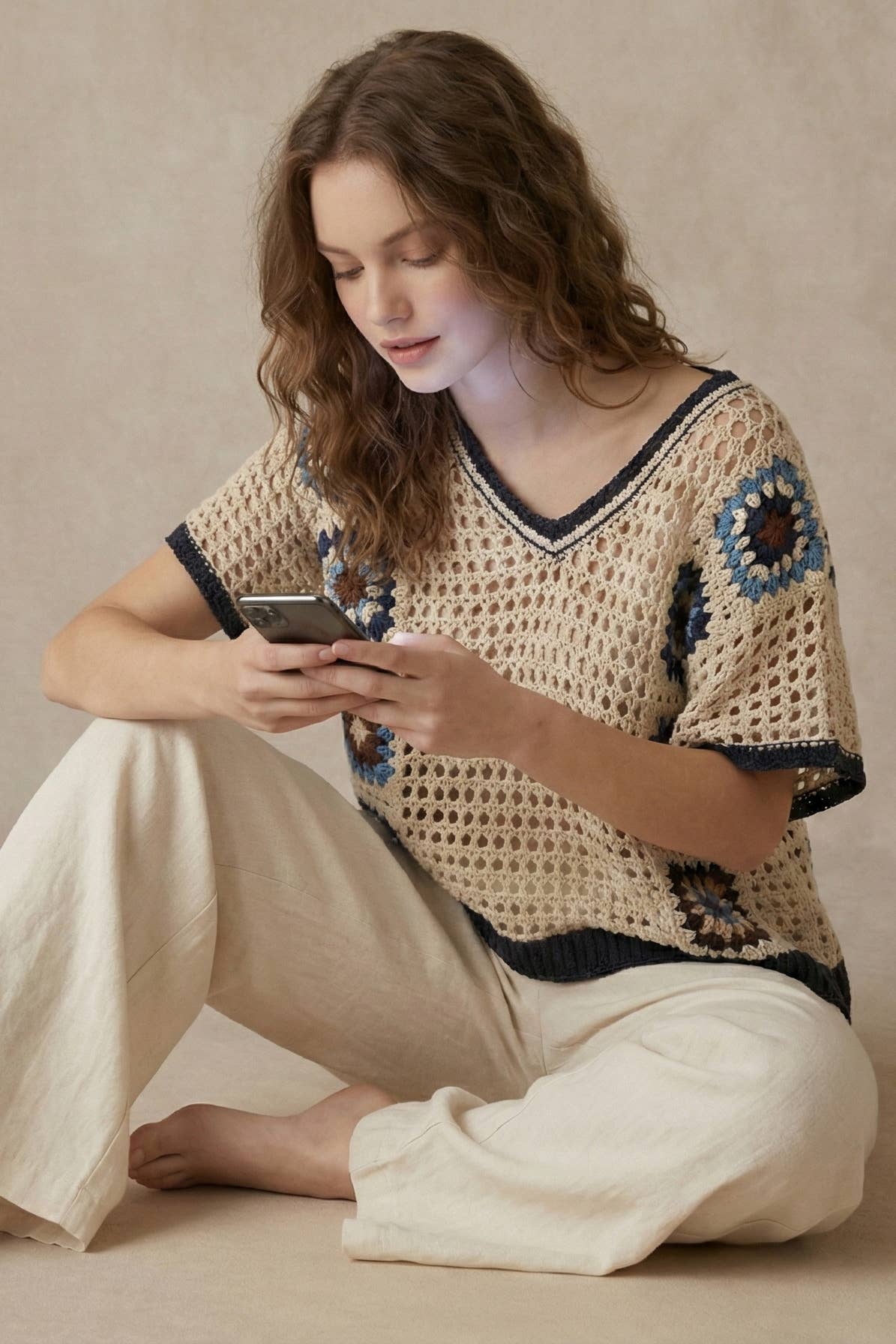 Boho Crochet Patchwork V Neck Short Sleeve Top: Navy