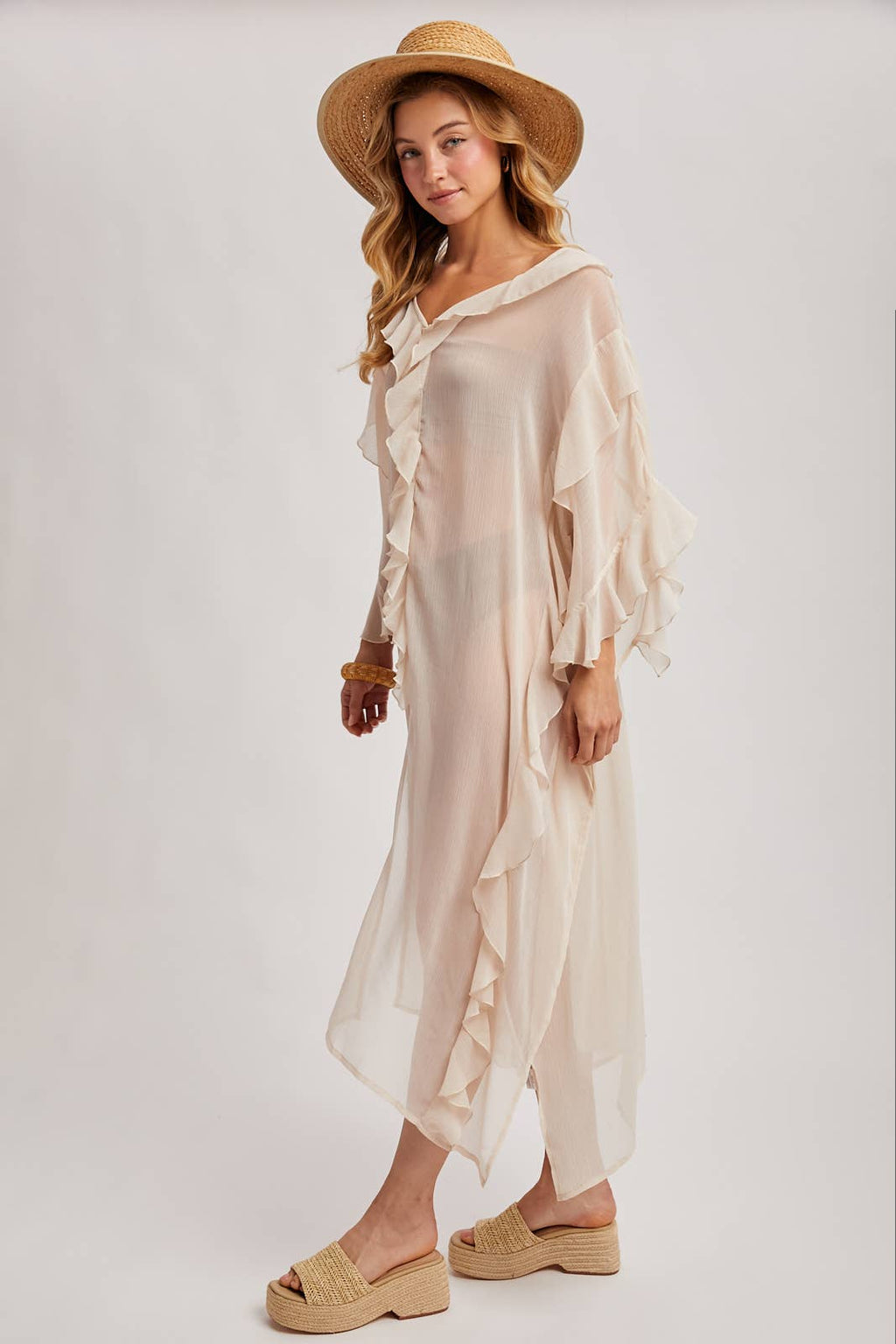 SHEER RUFFLED OPEN FRONT KIMONO COVER-UP DRESS - EASTER DAY: DUSTY PINK / One Size
