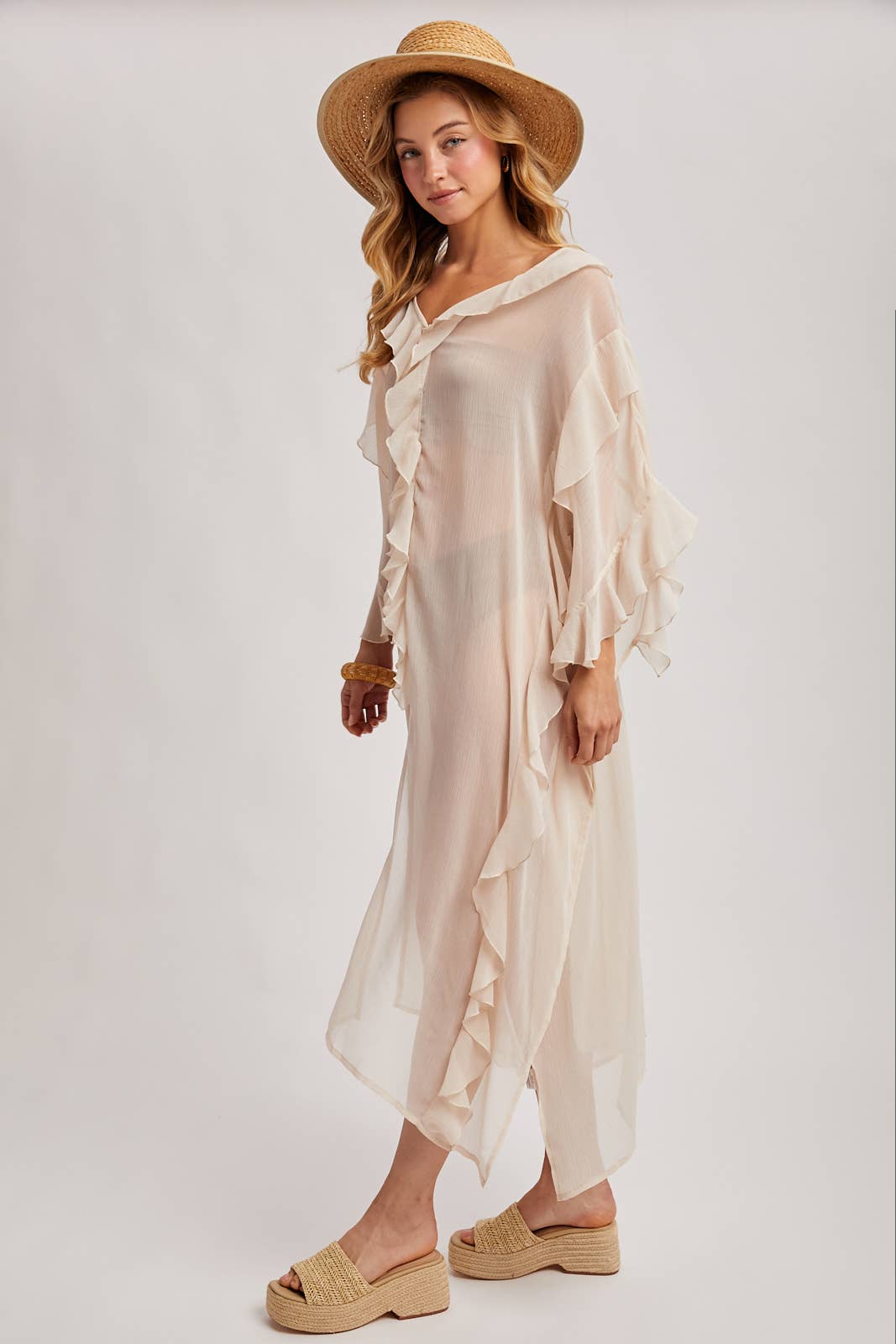 SHEER RUFFLED OPEN FRONT KIMONO COVER-UP DRESS - EASTER DAY: DUSTY PINK / One Size