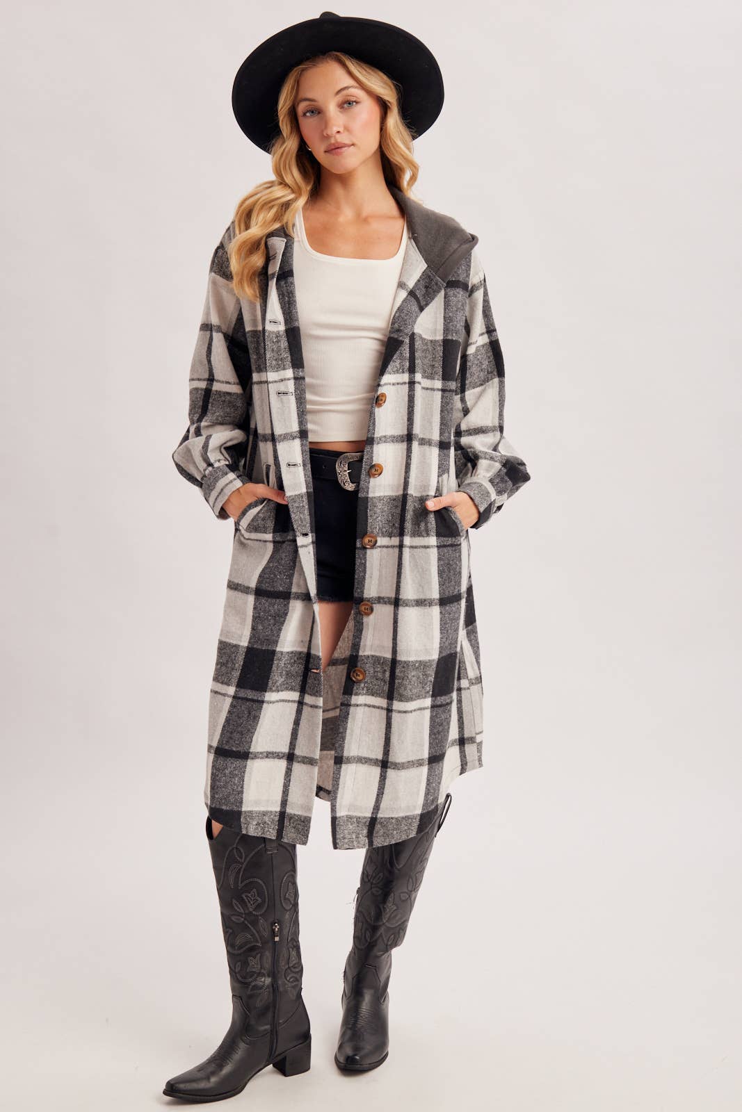 LONGLINE PLAID HOODED JACKET
