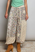 Crochet Patch Detail Contrast Patchwork Printed Woven Pants: CREAM MULTI / S