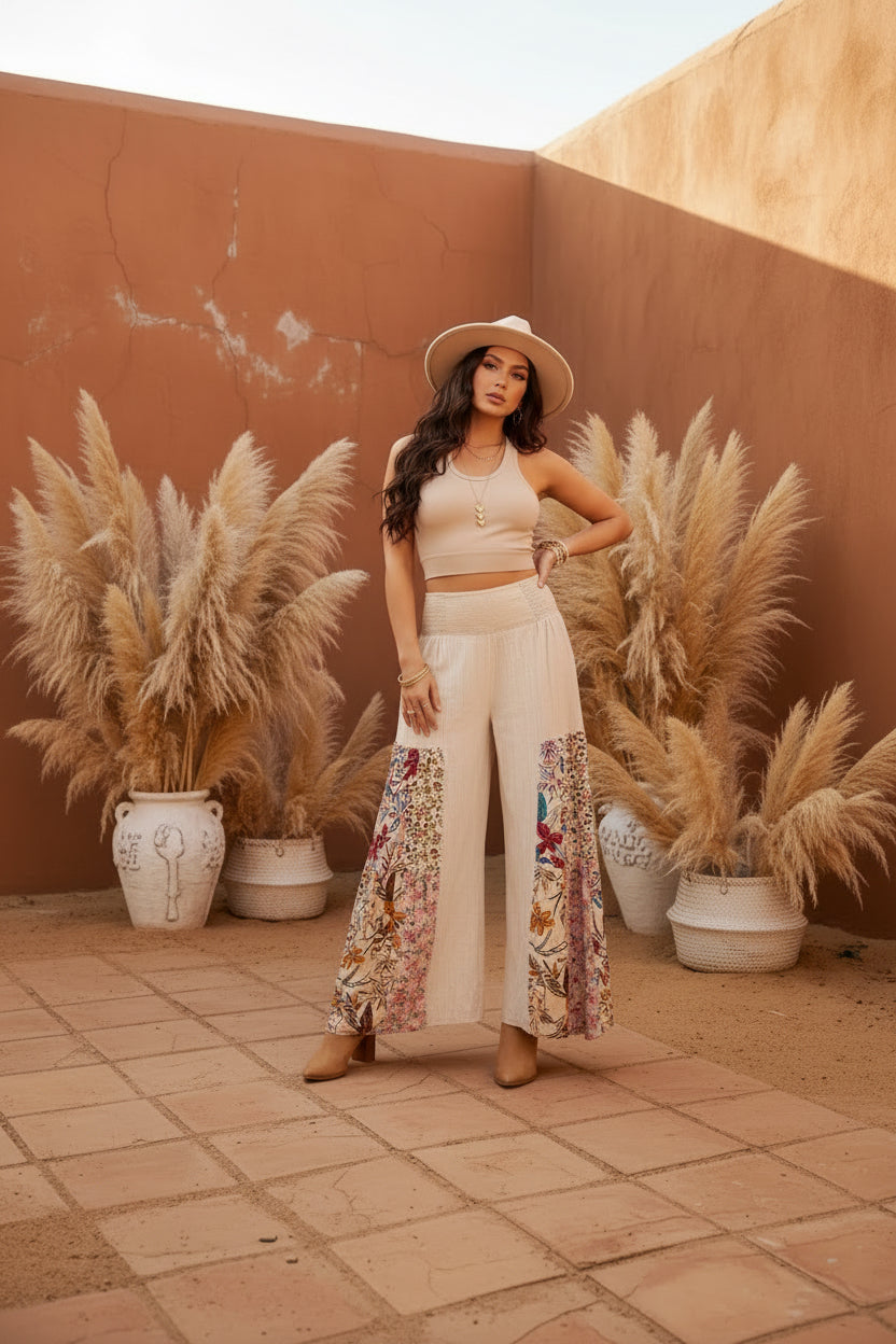 Boho High-Waisted Wide Leg Pants w/ Floral Inserts