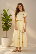Floral embroidery details boat neck top w/ midi skirt