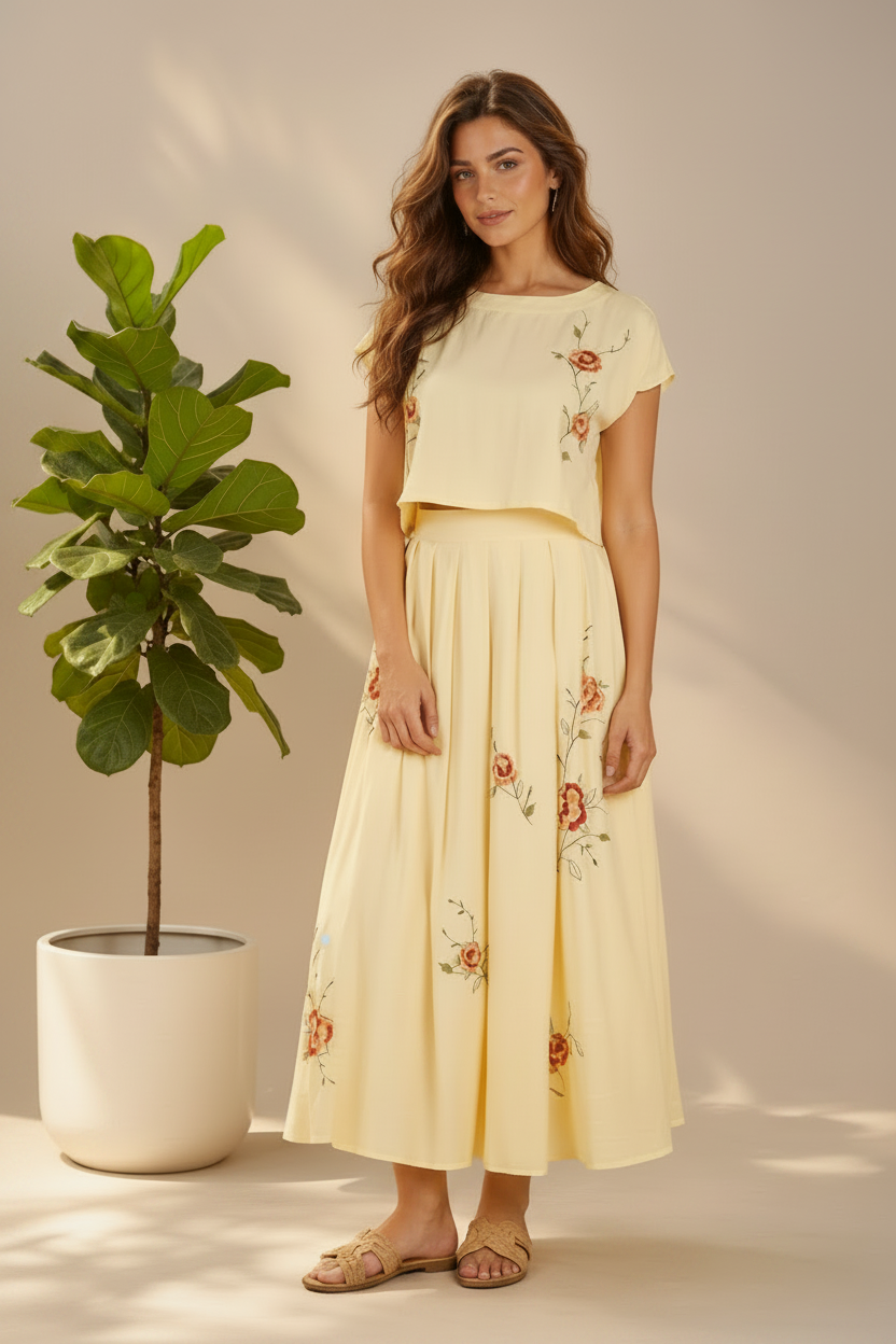 Floral embroidery details boat neck top w/ midi skirt