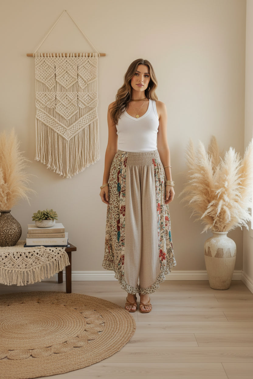 Artisan boho floral panel smocked waist wide leg pants
