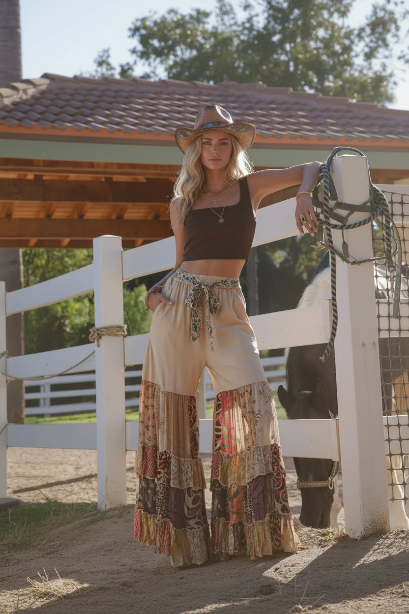Boho Ruffled Tiered Wide Leg Knit & Print Pants- Ranch Pants
