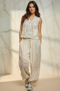 V-Neck Sleeveless Stud Bead Pocket Detail Crochet Vest Top