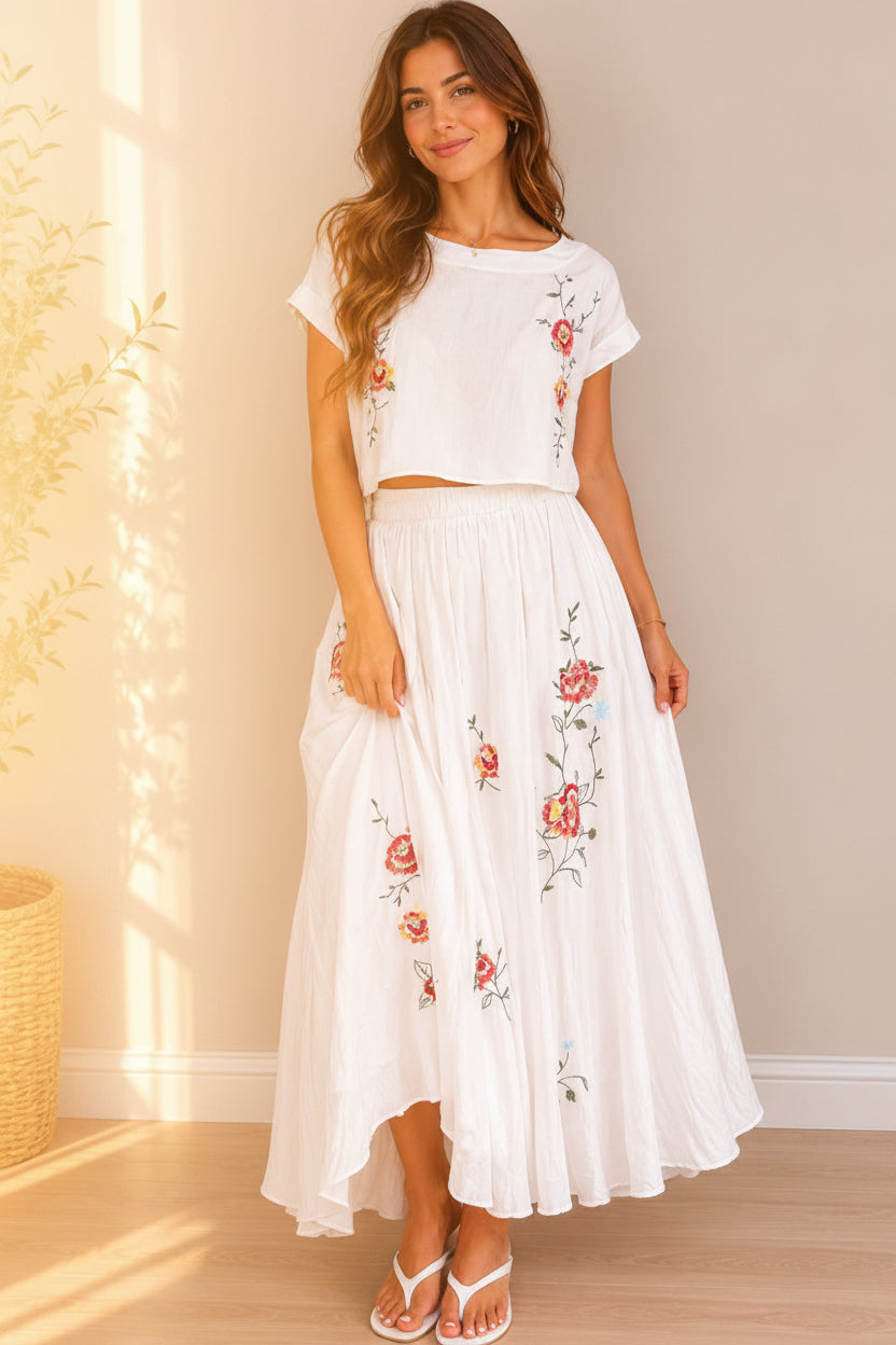 Floral embroidery details boat neck top w/ midi skirt.