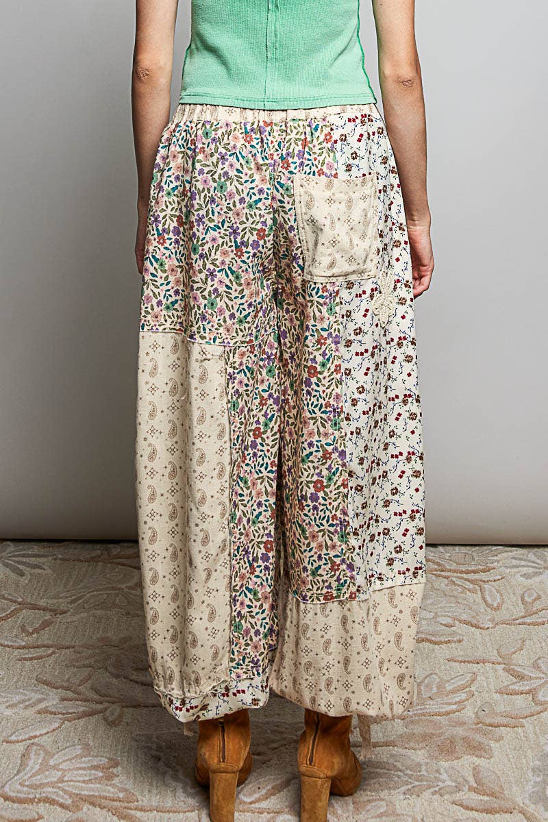 Crochet Patch Detail Contrast Patchwork Printed Woven Pants: CREAM MULTI / M