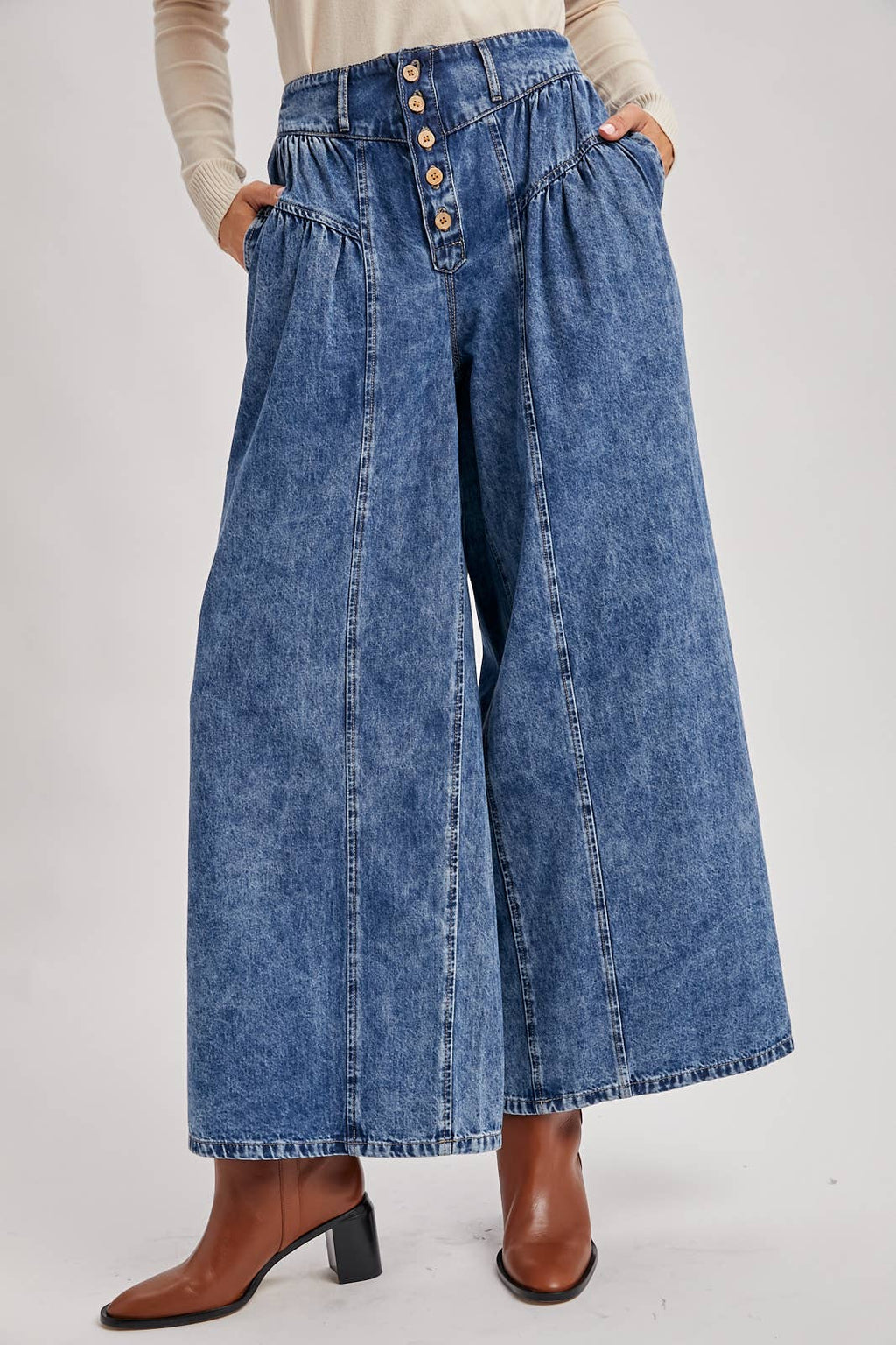 DENIM PLEATED RETRO HIGH-RISE WIDE LEG JEANS: LT.WASH / S