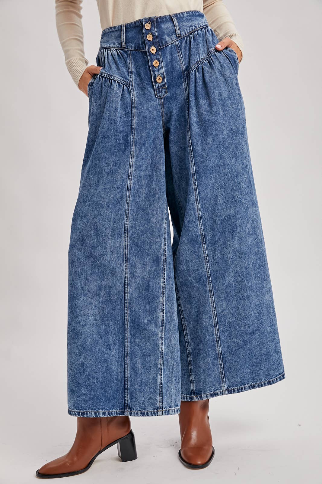 DENIM PLEATED RETRO HIGH-RISE WIDE LEG JEANS: LT.WASH / S