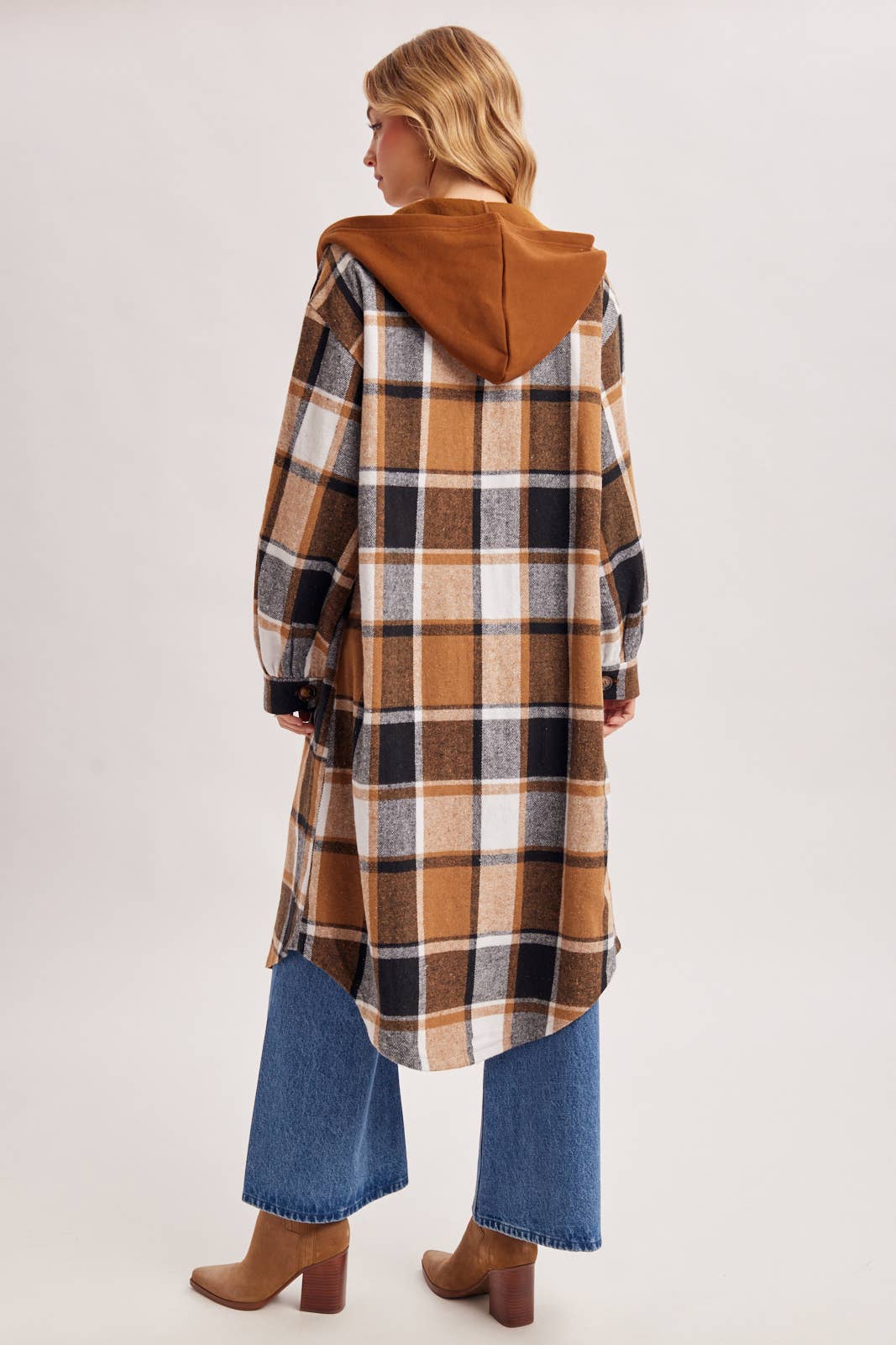 LONGLINE PLAID HOODED JACKET