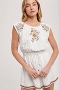 EMBROIDERED FLORAL WHITE DRAWSTRING ROMPER - EASTER DAY: IVORY