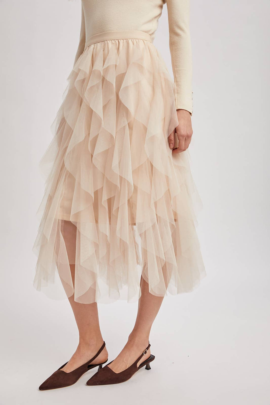 SPRIAL RUFFLED TULLE MIDI SKIRT - EASTER DAY: ROSE / L