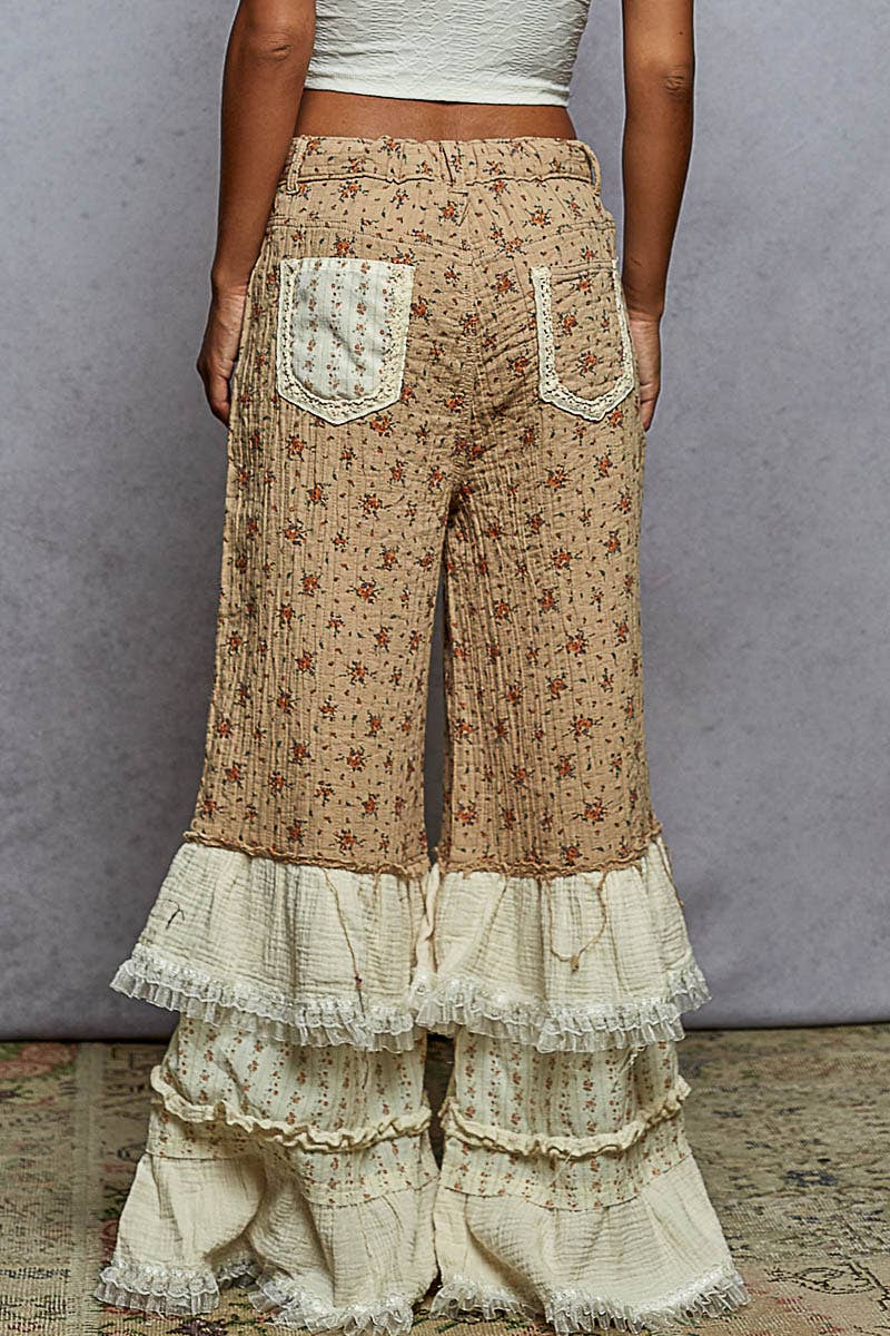 Double Gauze Floral Front Patch Pockets Ruffle Wide Pants: MOCHA MULTI