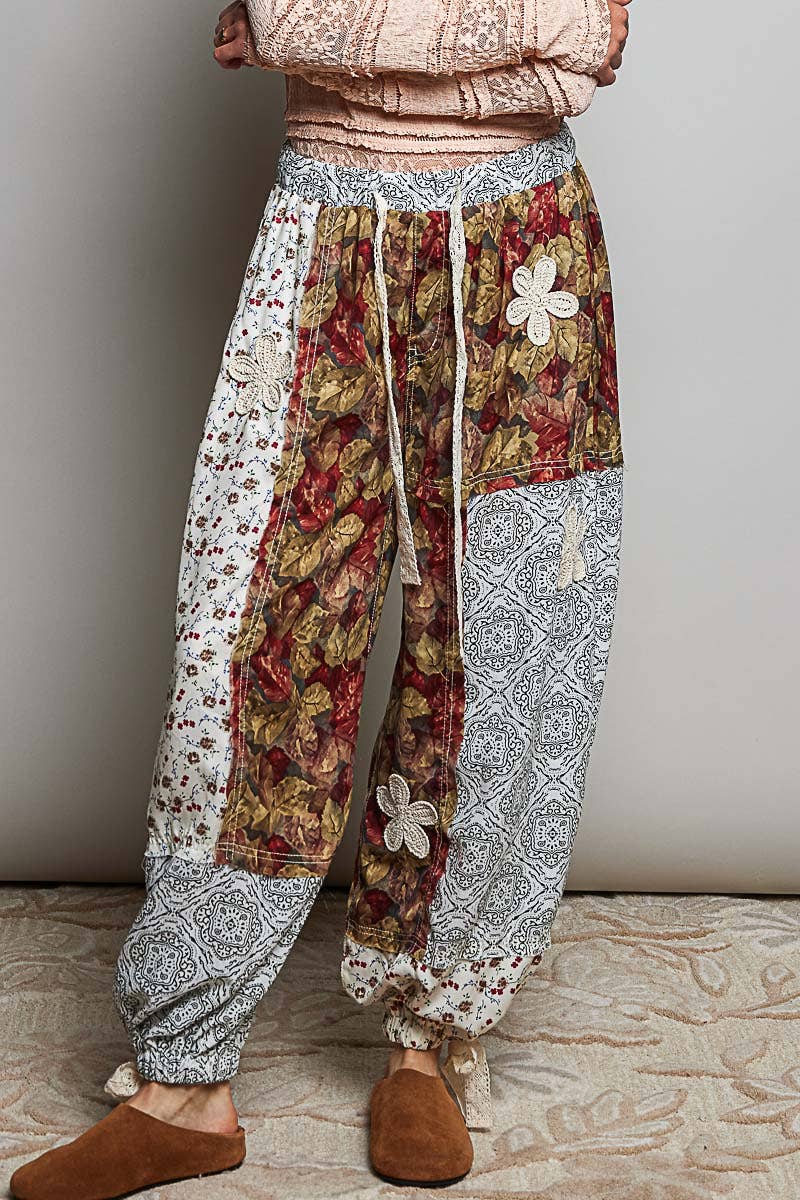 Crochet Patch Detail Contrast Patchwork Printed Woven Pants: CREAM MULTI / M