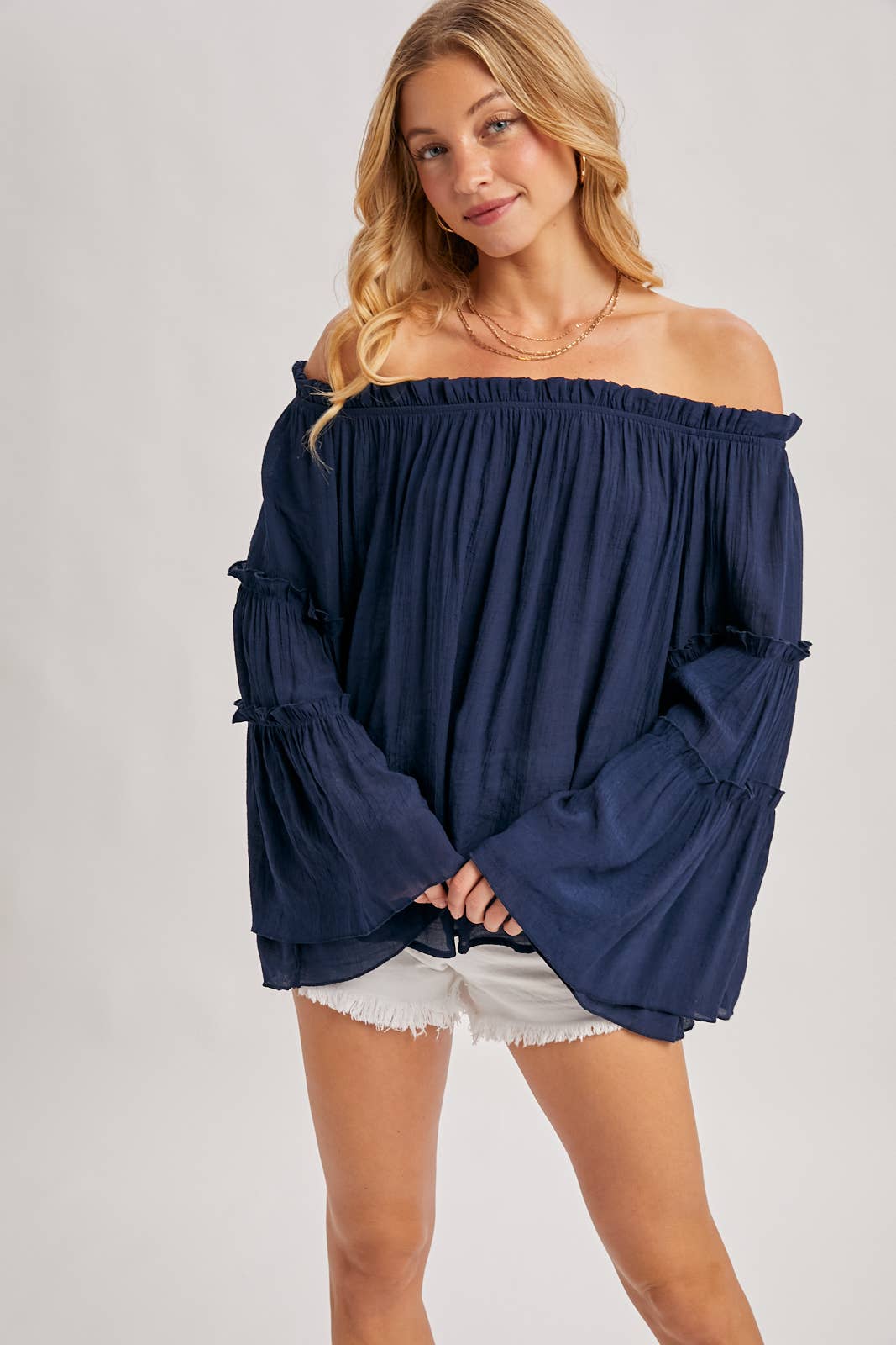 TEXTURED BELL SLEEVE OFF THE SHOULDER TOP: ROSE / S