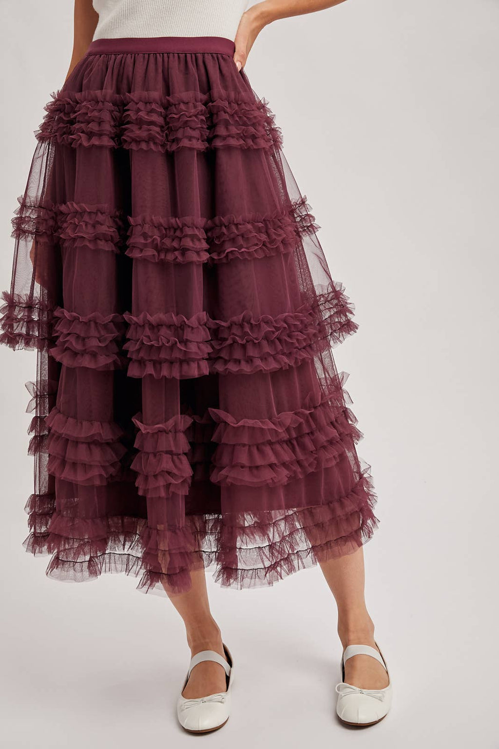 ROMANTIC RUFFLE TIERED TULLE MIDI SKIRT: PLUM / S