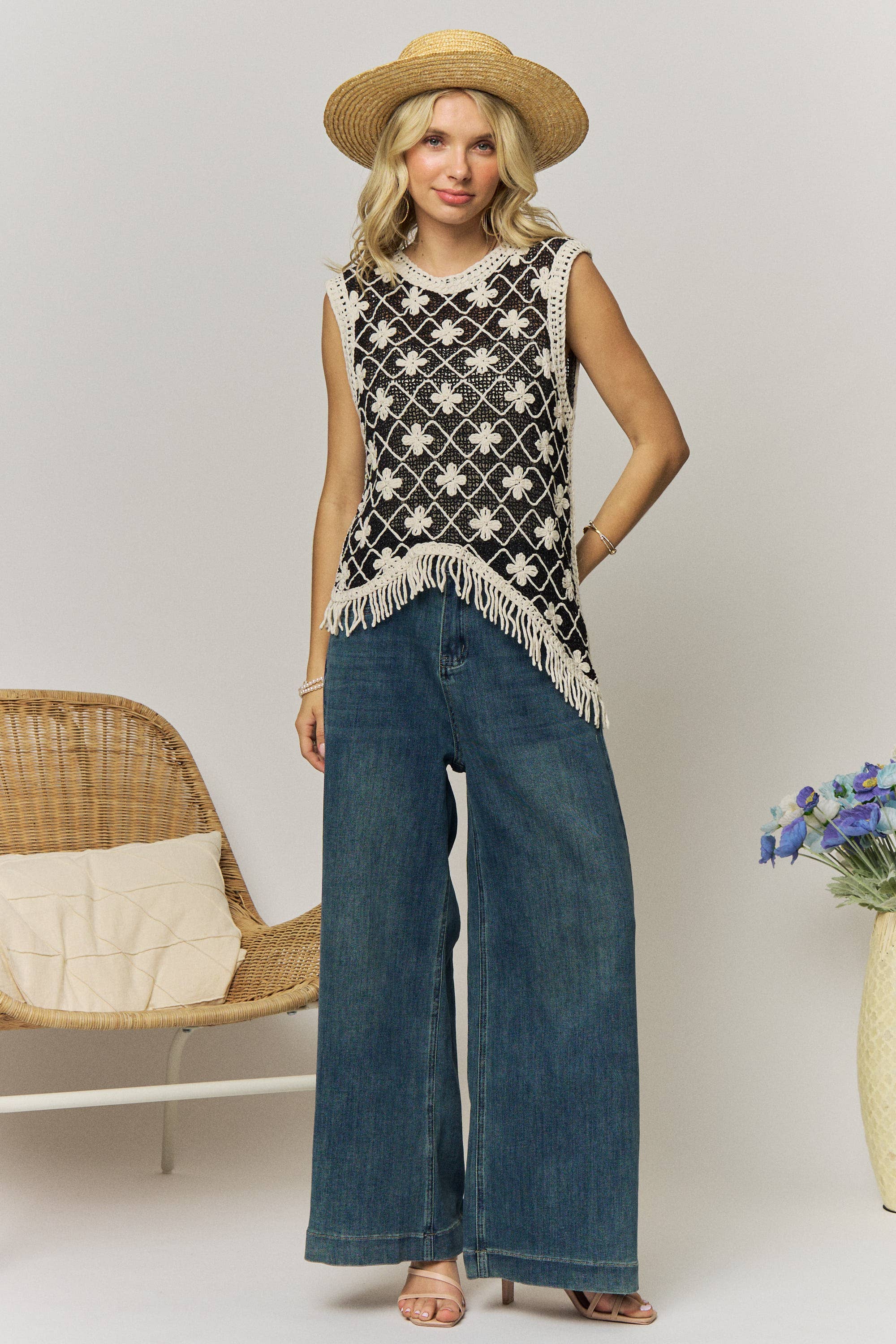 FRINGE HEM CROCHET TOP- LET4265: BEIGE / ONESIZE(6)