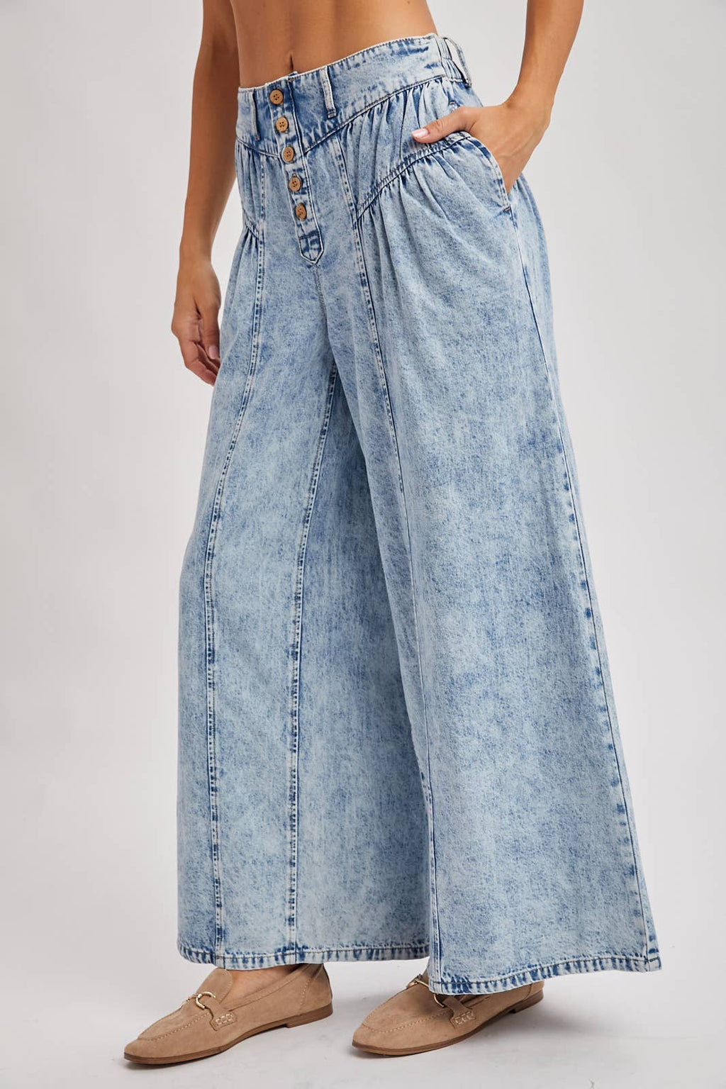 DENIM PLEATED RETRO HIGH-RISE WIDE LEG JEANS: LT.WASH / S
