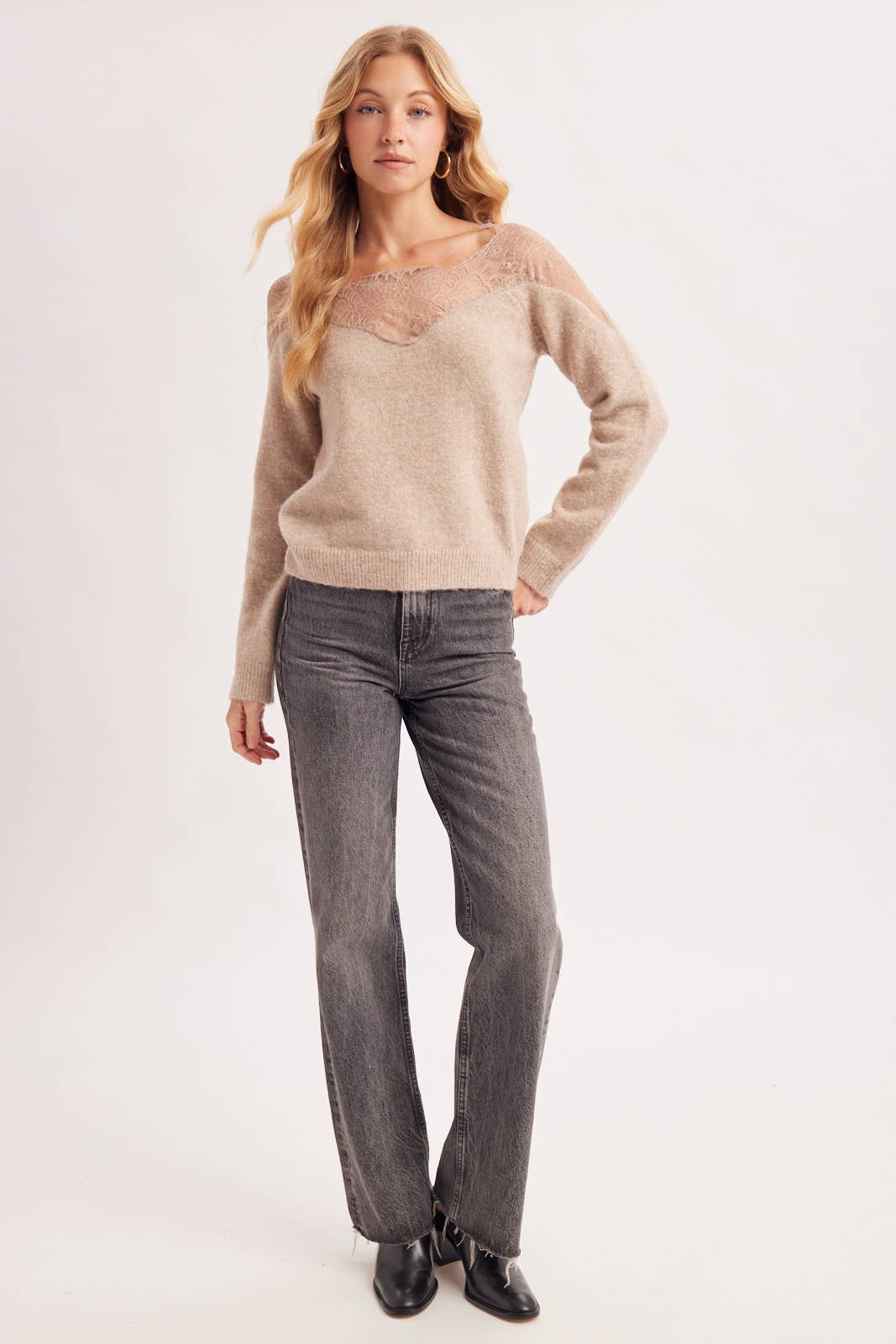 EYELASH LACE TRIMMED KNIT PULLOVER