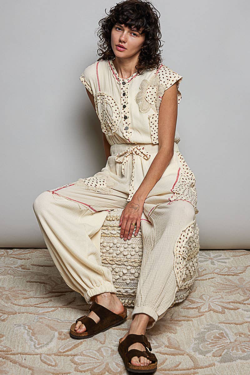 Elastic Hem Waistband Thermal Tapered Overalls: CREAM / M