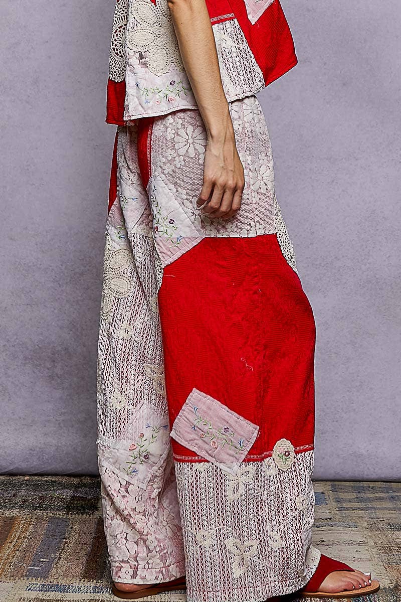 Solid Lace Patch Detail Woven Pants: SKY BLUE