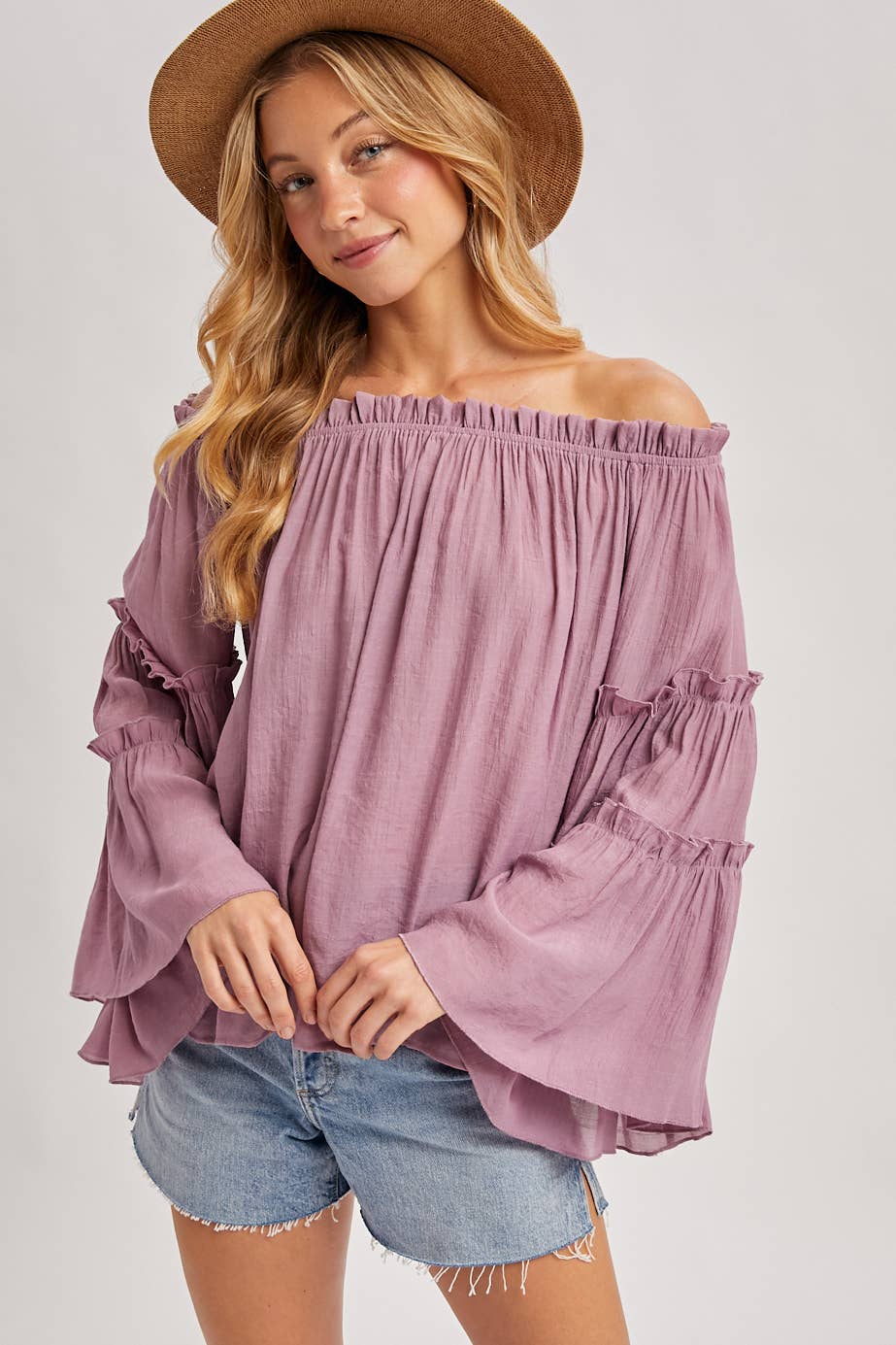 TEXTURED BELL SLEEVE OFF THE SHOULDER TOP: ROSE / M