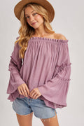 TEXTURED BELL SLEEVE OFF THE SHOULDER TOP: ROSE / M
