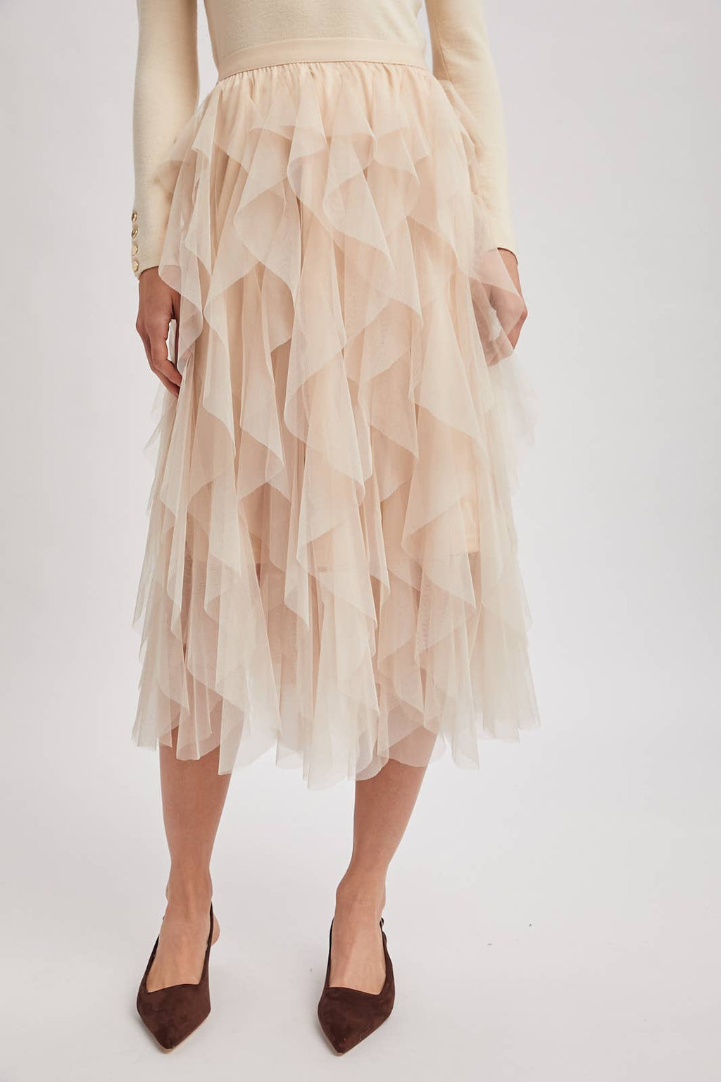 SPRIAL RUFFLED TULLE MIDI SKIRT - EASTER DAY: ROSE / M