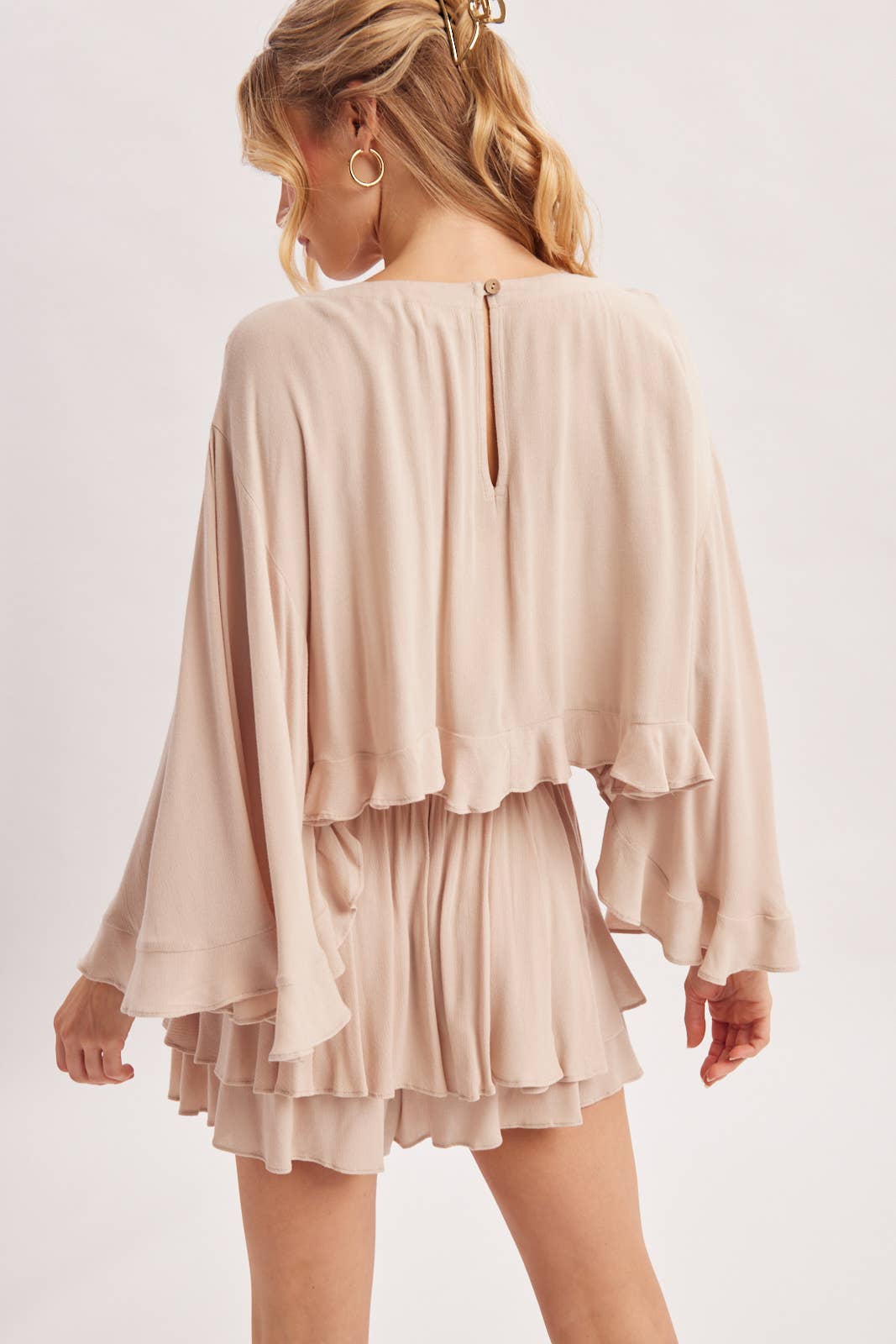 BILLOWY CROPPED OVERSIZED BELL SLEEVE RUFFLE HEM TOP: BIRCH