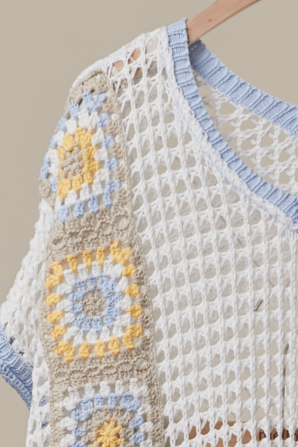 Boho Crochet Patchwork V Neck Short Sleeve Top: Navy